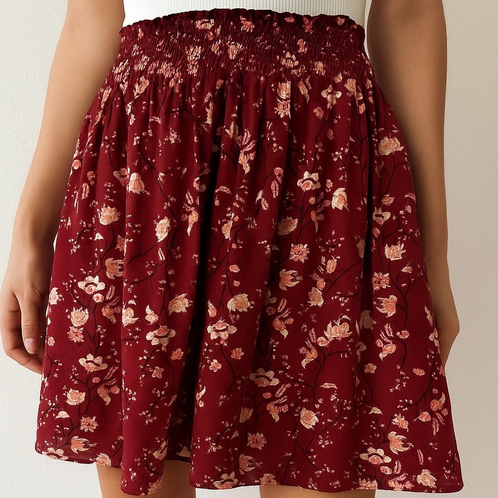 European Red Cherry Blossom Floral Flowy Mini Skirt Smocking Womens 8 Medium